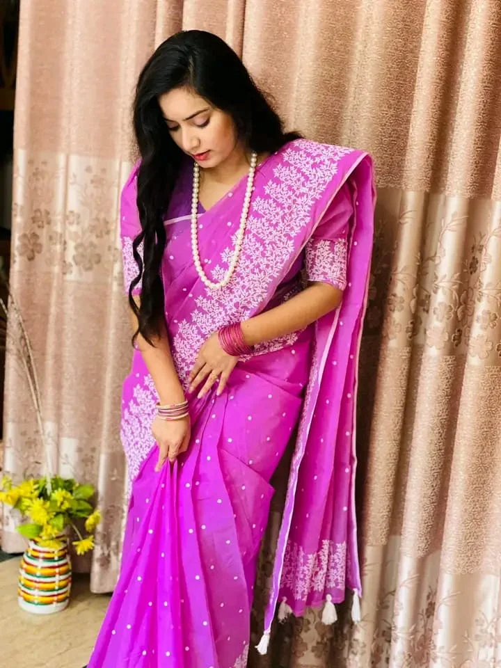 Half silk block print sharee-22648