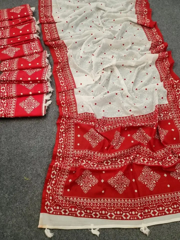 Half silk block print sharee-22657