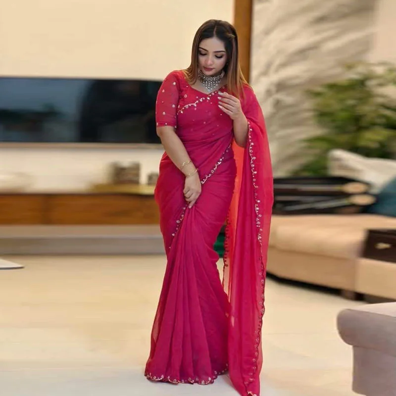 Semi Moslin Sharee with Blouse Piece-24367